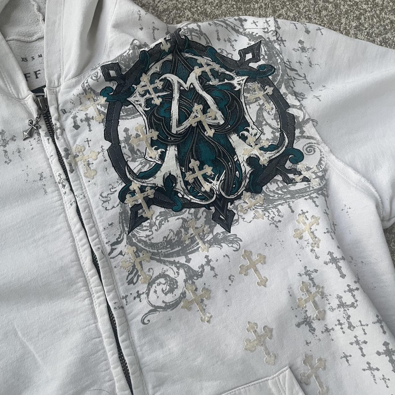 00s affliction系 ジップ パーカー 十字架 y2k アーカイブ Y2K Affliction Cross Tattoo Style Zip Up Hoodie size | Depop