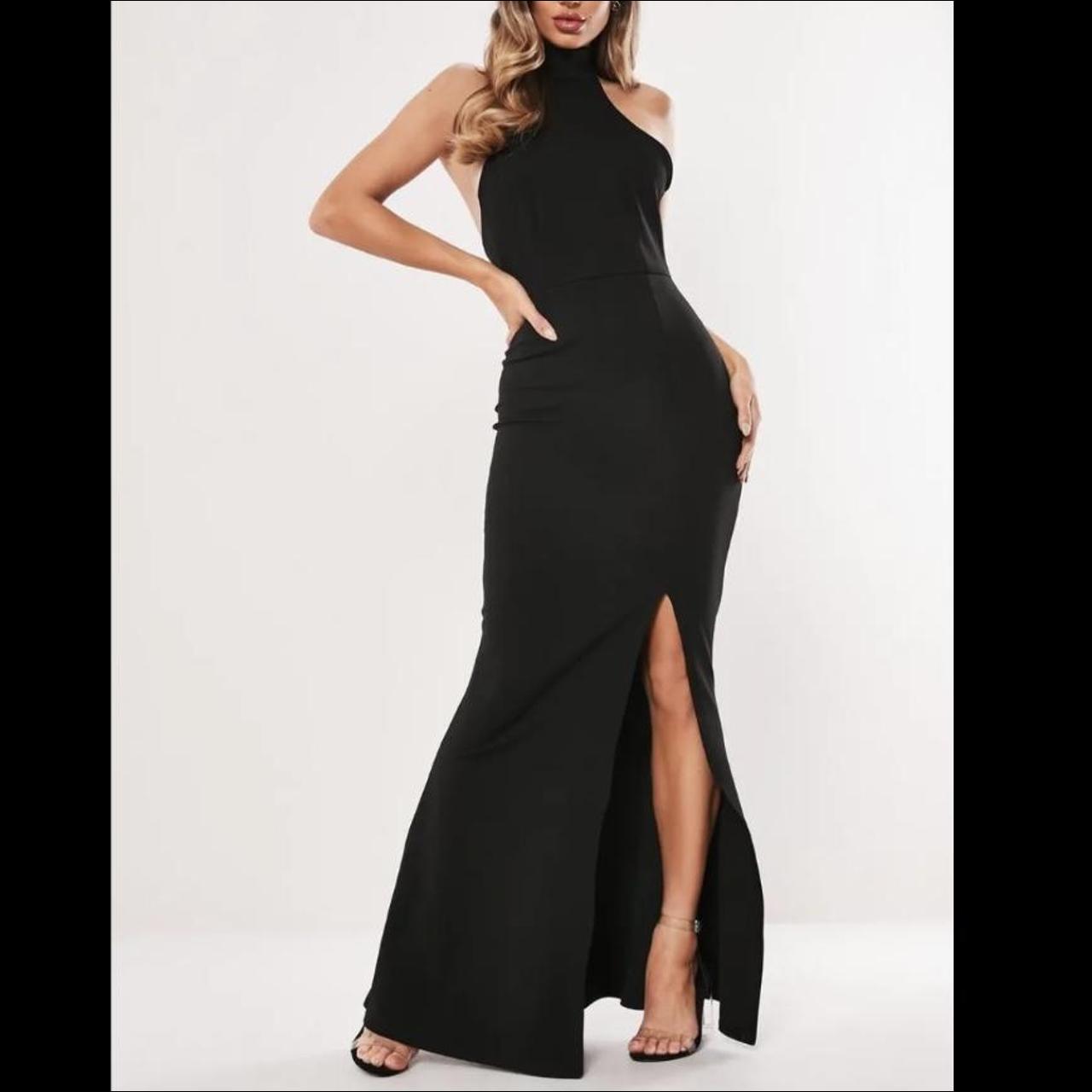 Black halter neck maxi dress with leg slit… - Depop