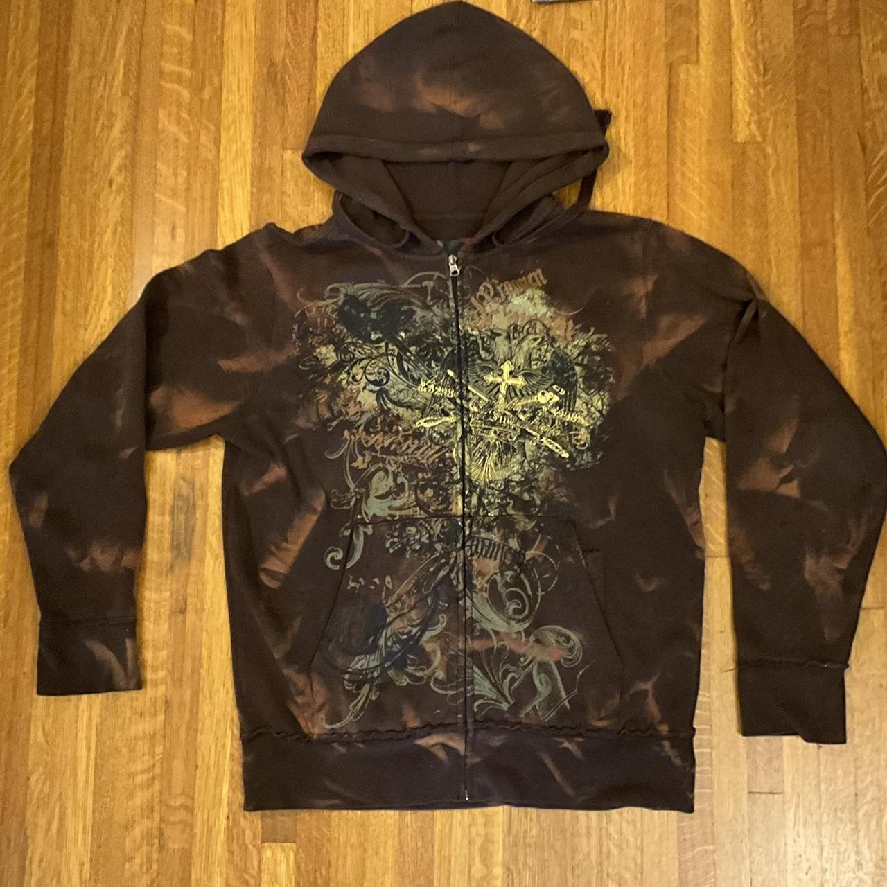 rare brown y2k graphic zip up hoodie One of a... - Depop