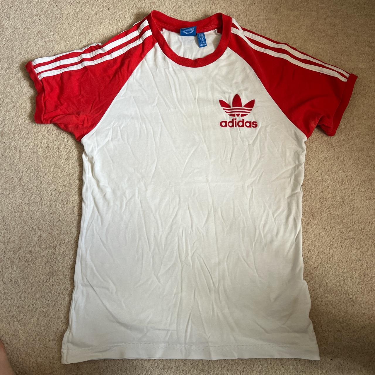 White and red adidas T-shirt - Depop