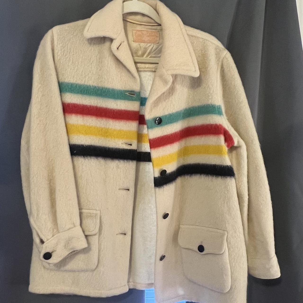 50s Hudson Bay jacket blanket striped wool coat.... Depop