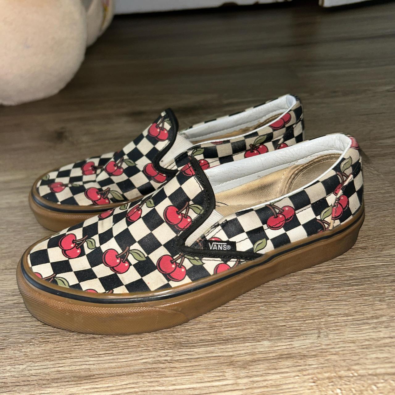 Vans black and white cherry slip on shoes Good