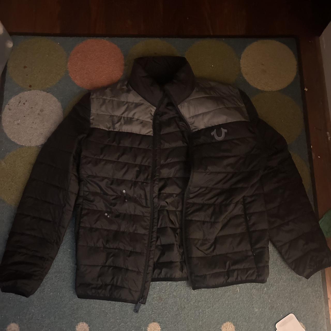 True religon grey and black puffer jacket - Depop
