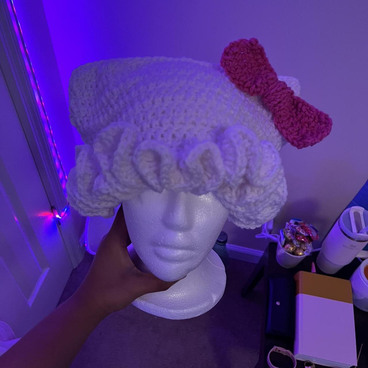 Crocheted Hello Kitty Cat beanie with Ruffle brim | Depop