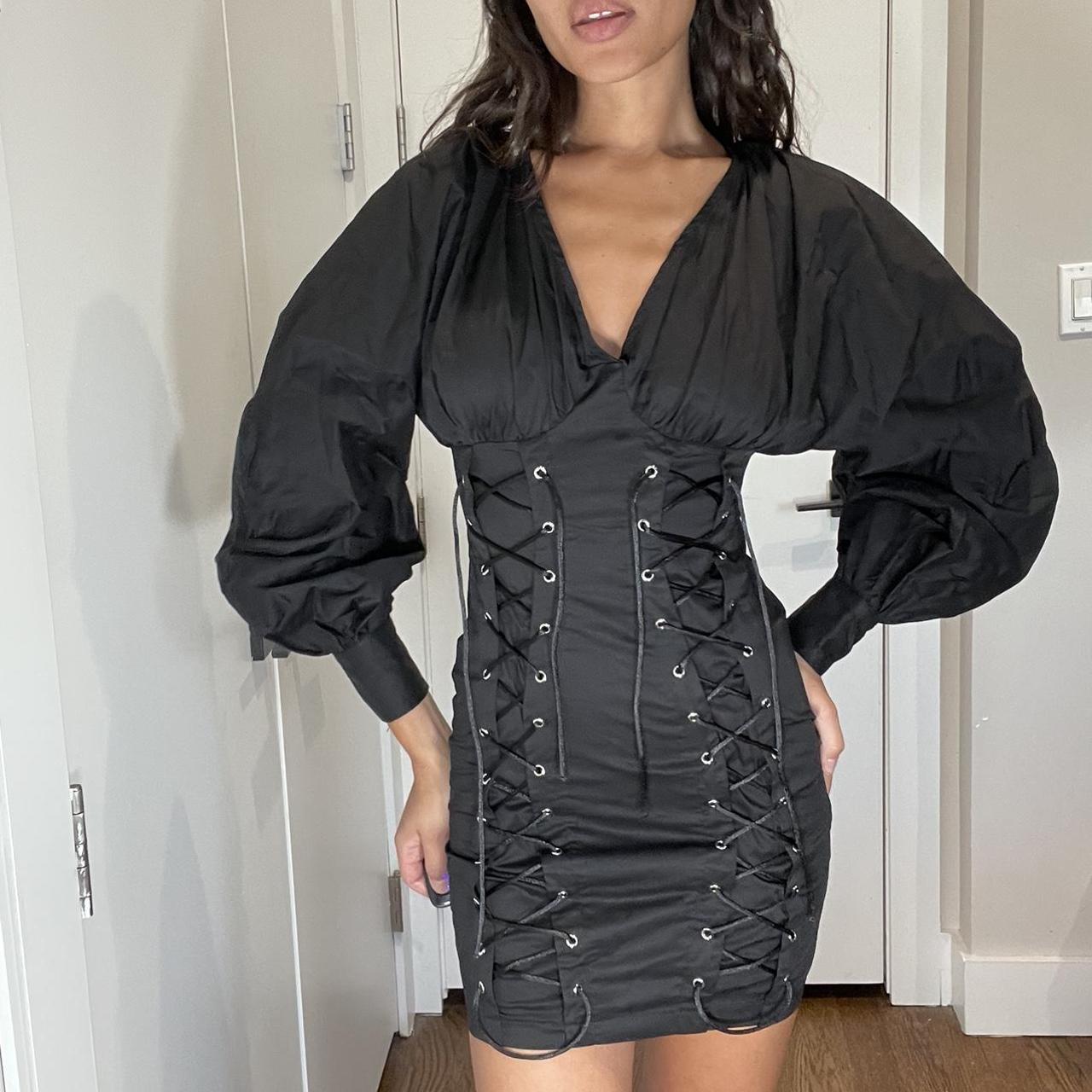 Puff Sleeve Eyelet Detail Mini Dress Black Size 6... - Depop