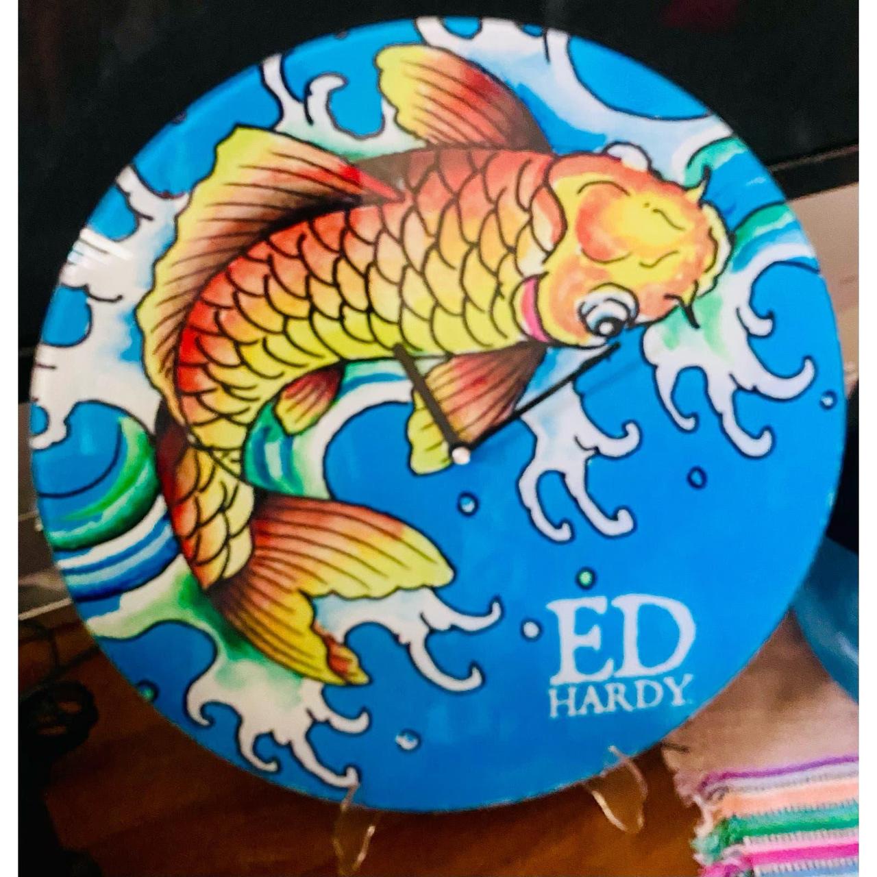 ED HARDY ガラス時計 Vintage 90s Ed Hardy Clock Round Glass Koi Fish | Depop