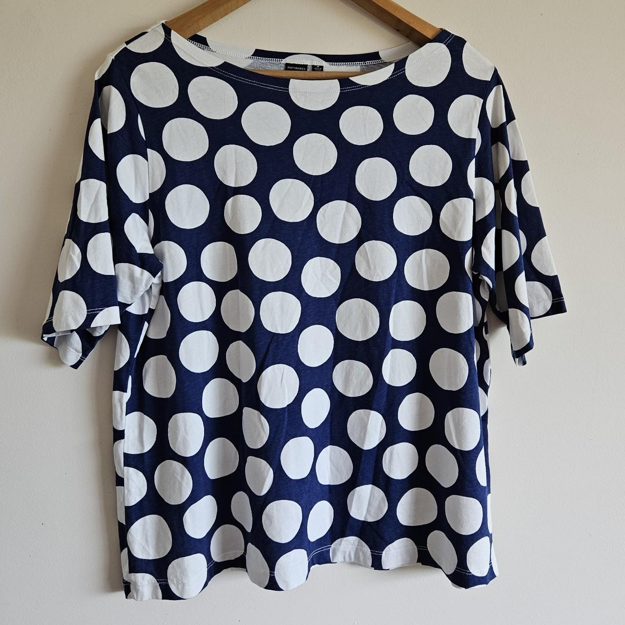 Marimekko navy and white polka dot boxy tee, cotton,... - Depop