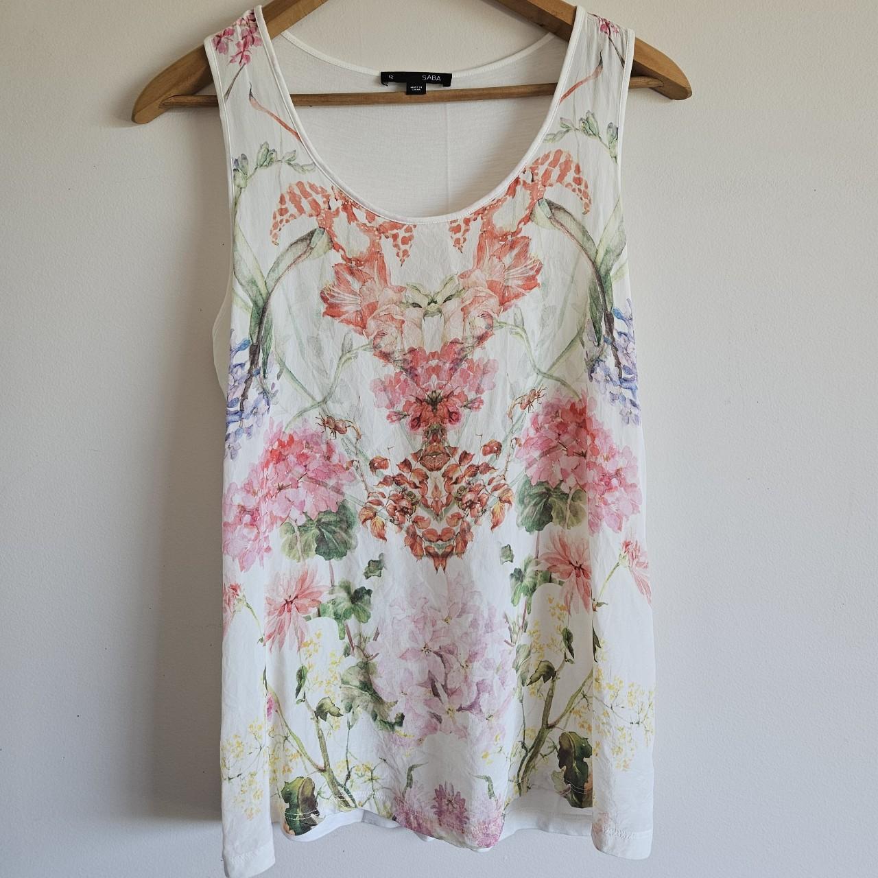 Saba silk/modal tank, with watercolour floral... - Depop