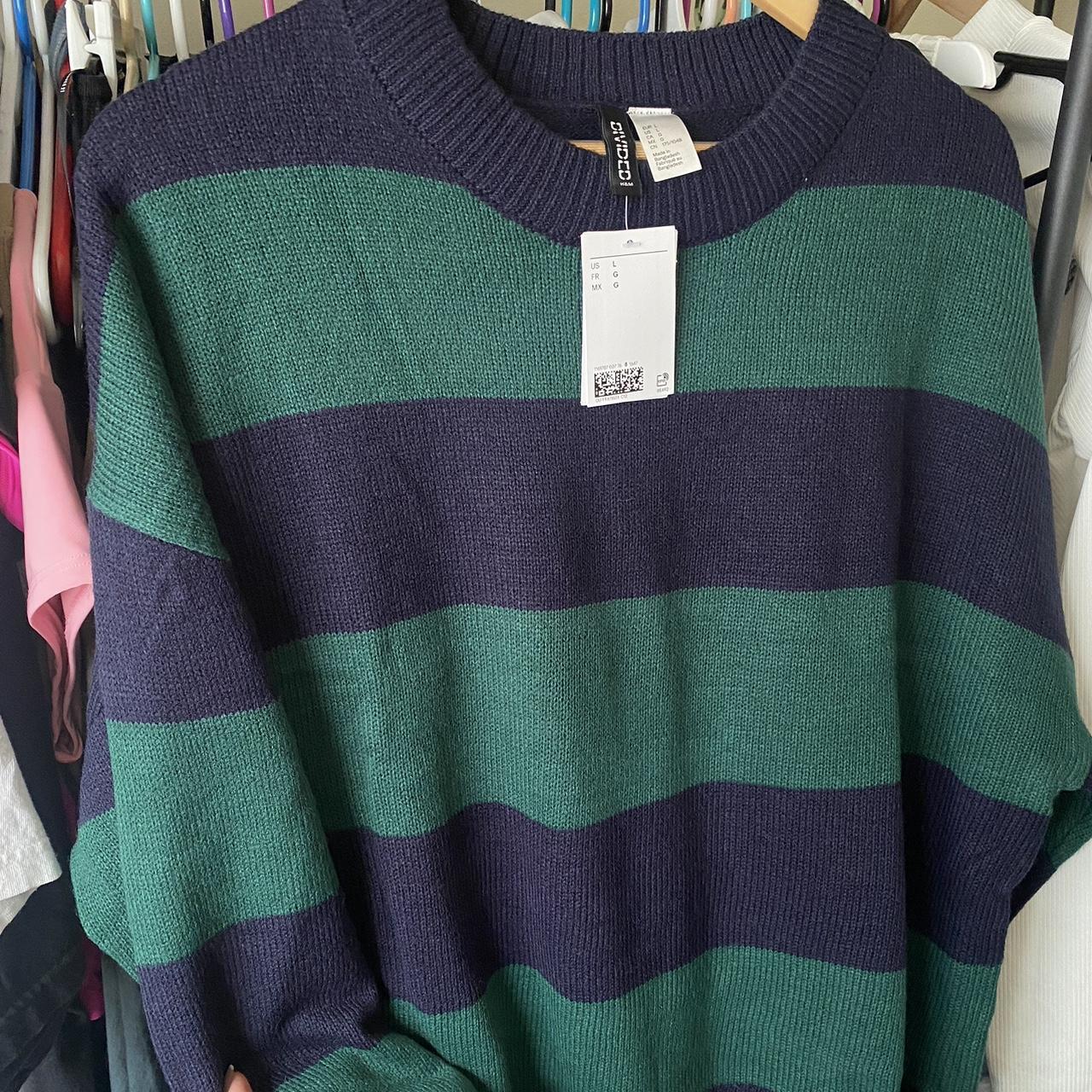 H&M Sweater Navy and green striped longsleeve... - Depop