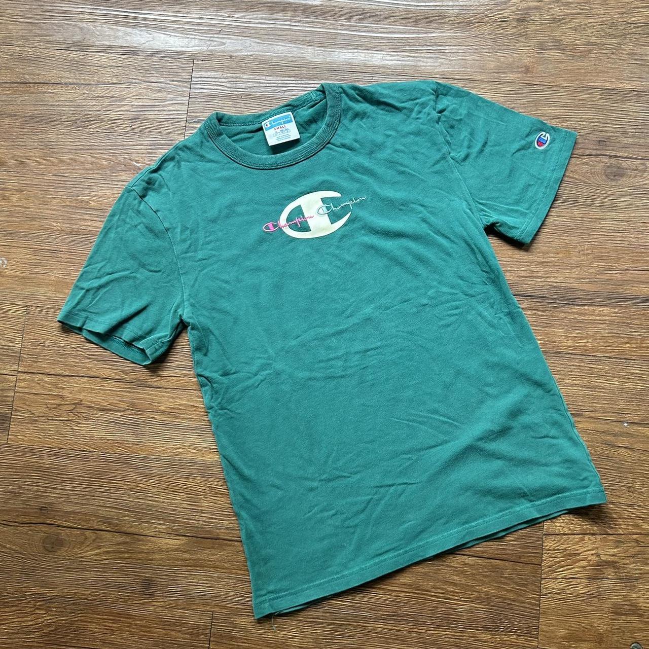 Champion Men's Green and Cream T-shirt | Depop