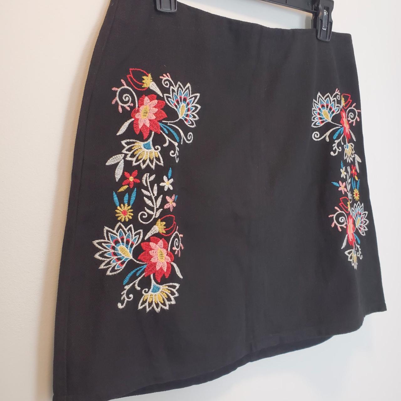 Mi ami Embroidered Floral Black Mini Skirt... - Depop