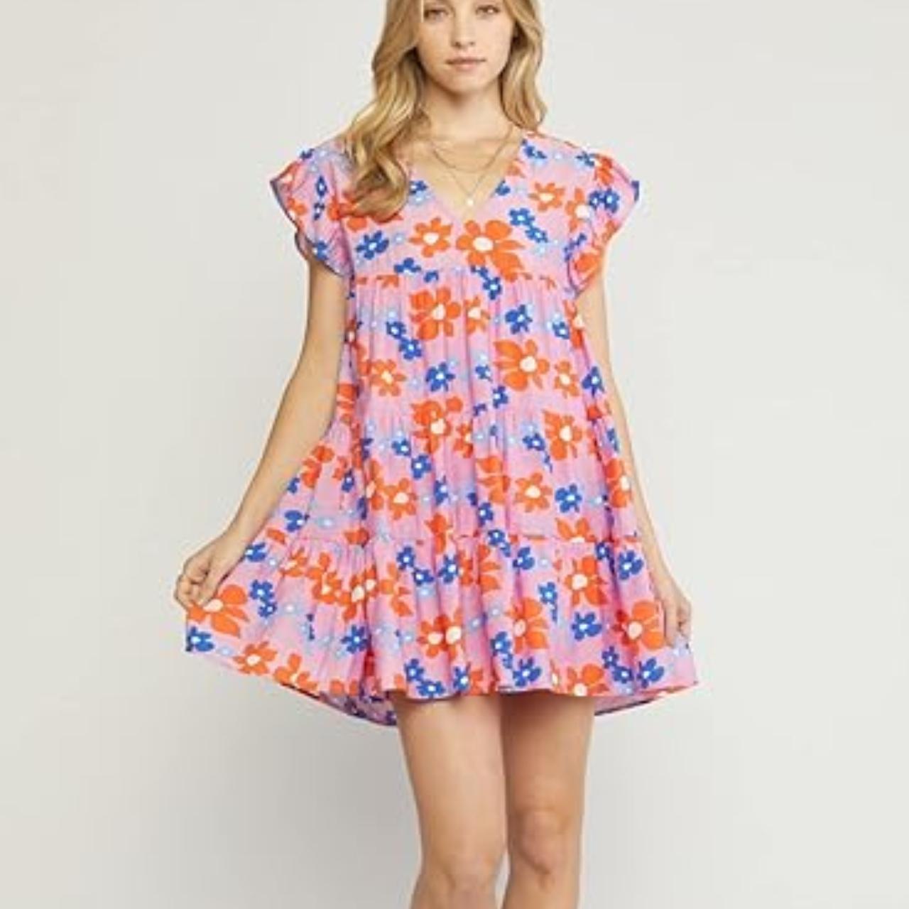 Entro Floral Tiered Pink Babydoll Dress... Depop