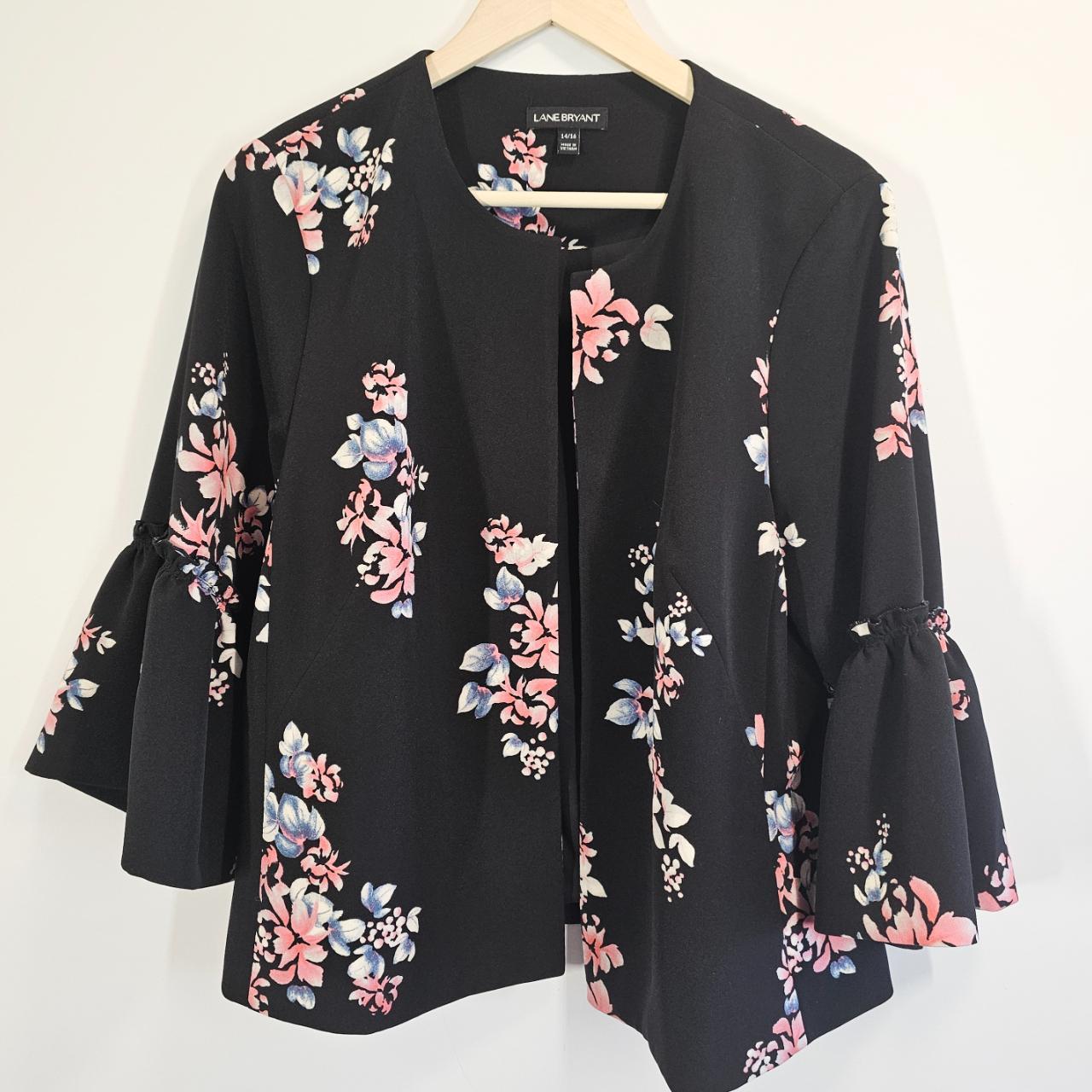 Lane Bryant Floral Black Bell Sleeve Jacket... - Depop