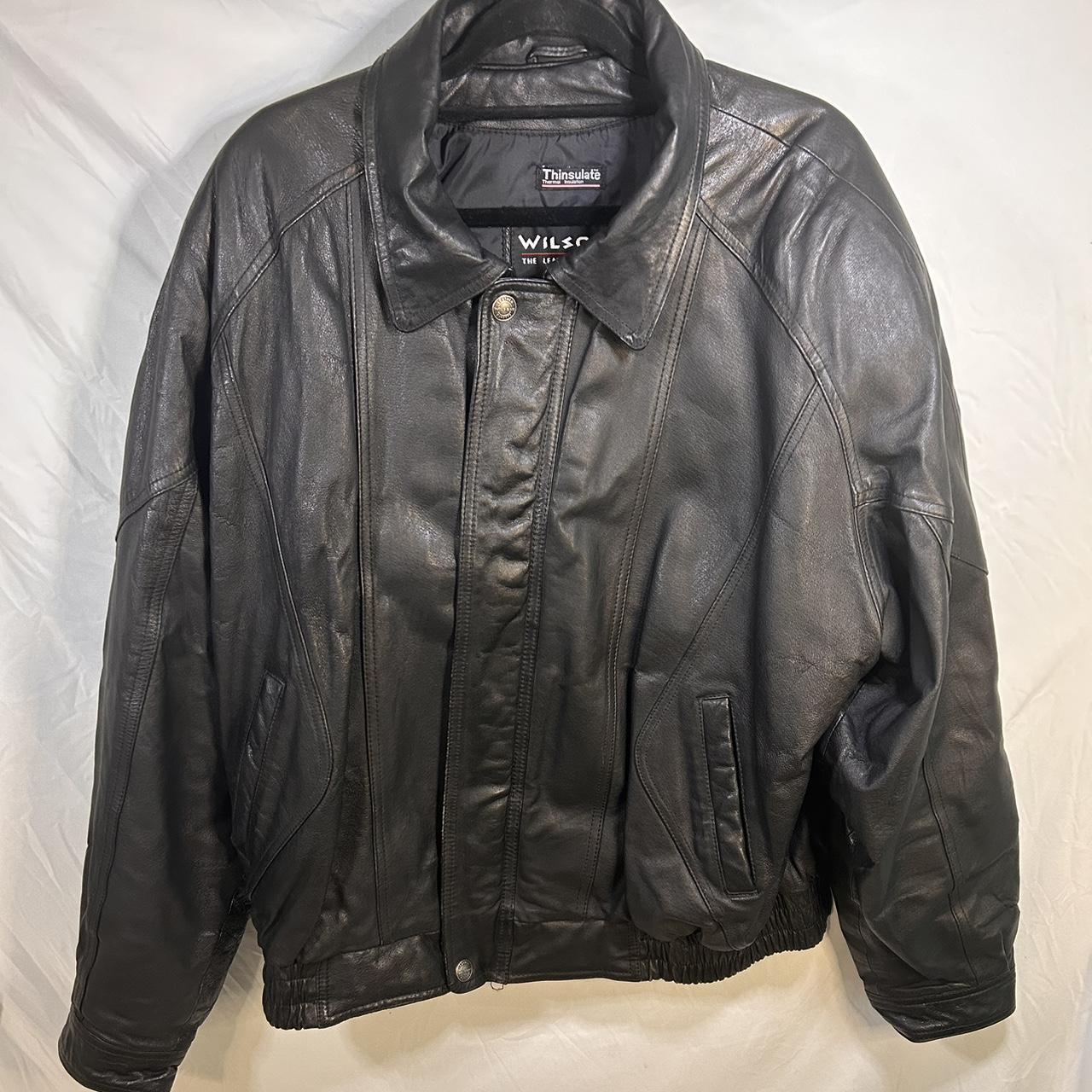 Wilson black leather bomber jacket with a Depop
