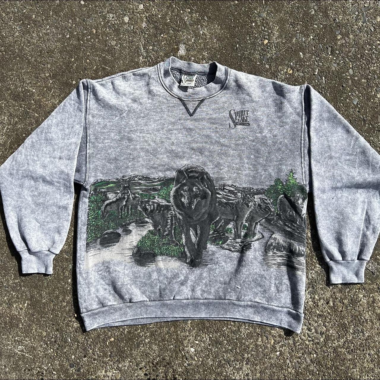 Wolf Men's Grey and Green Sweatshirt | Depop