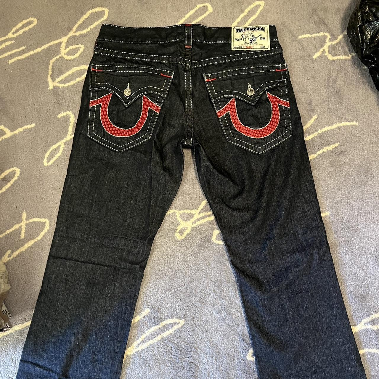 Rare red super t filled in true religion jeans... - Depop