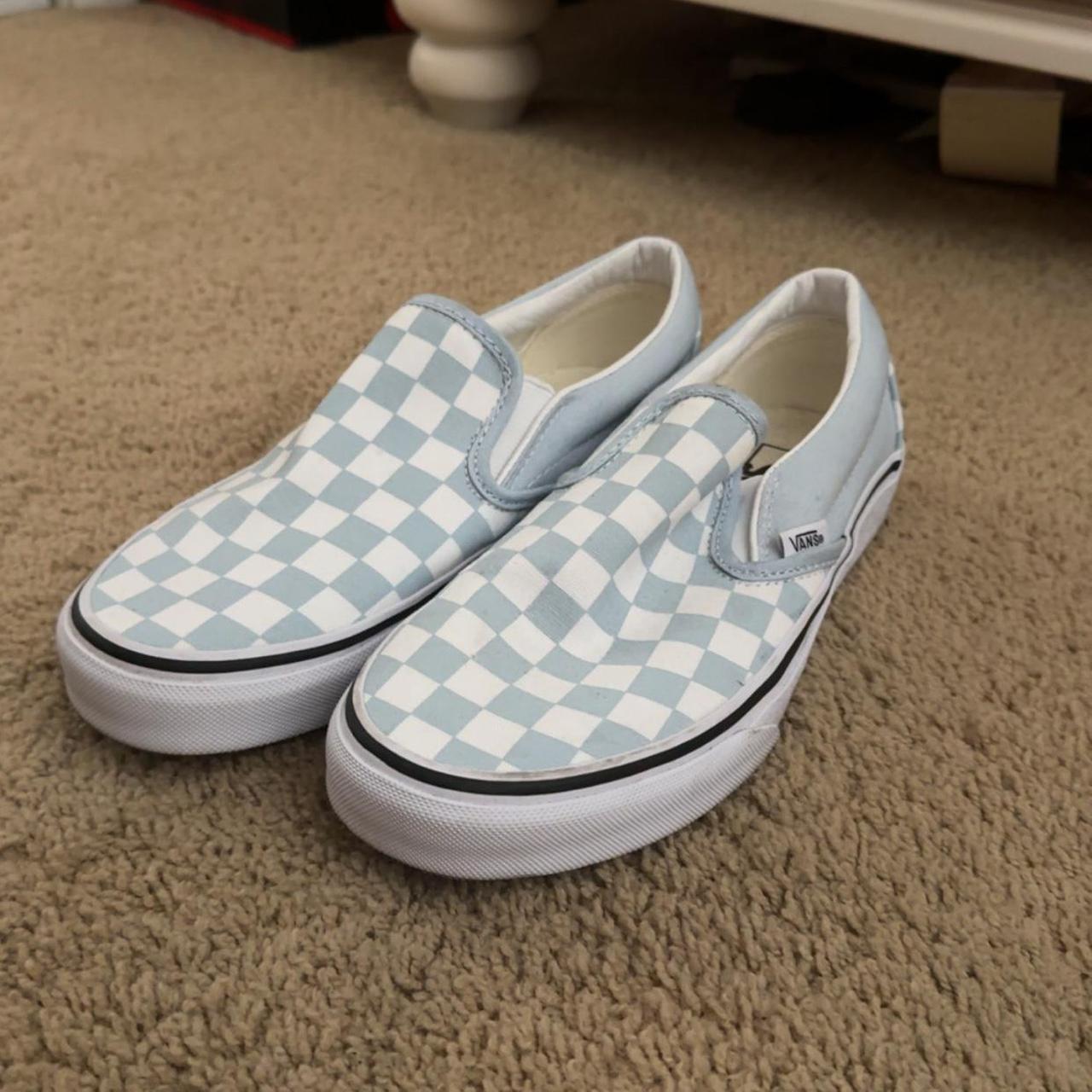 Light blue and white checkered Vans slip on trainers