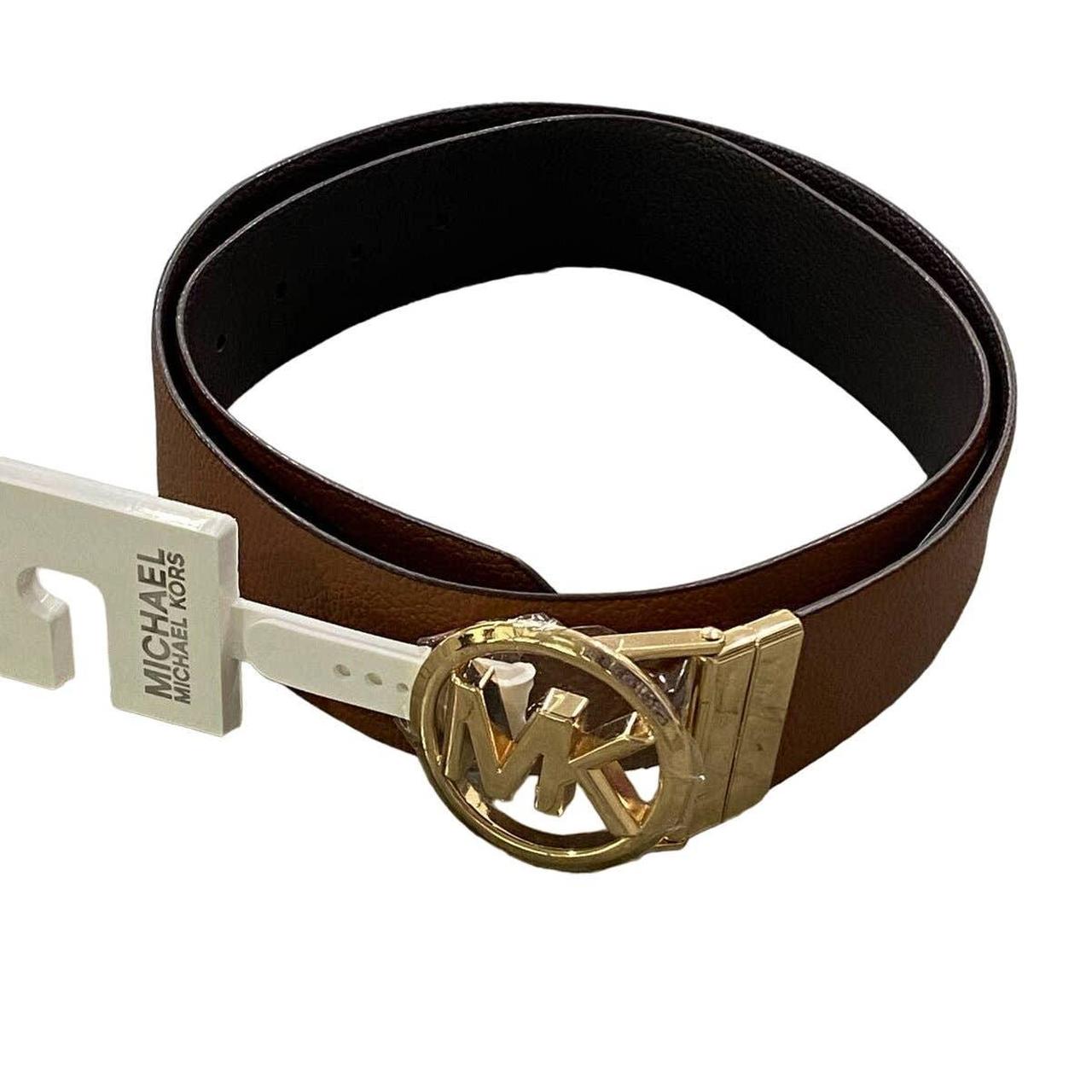 Michael Kors Womens Reversible MK Logo Gold Buckle Brown/Gold Belt