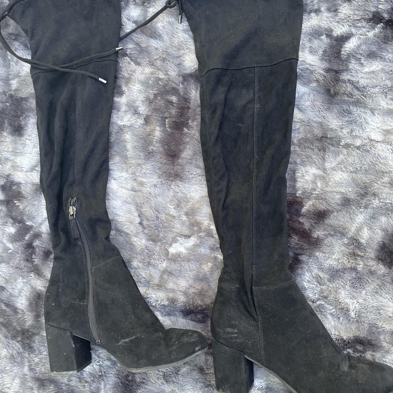 BLACK THIGH HIGH ZIP UP TIE TIGHT TOP HEEL BOOTS... - Depop