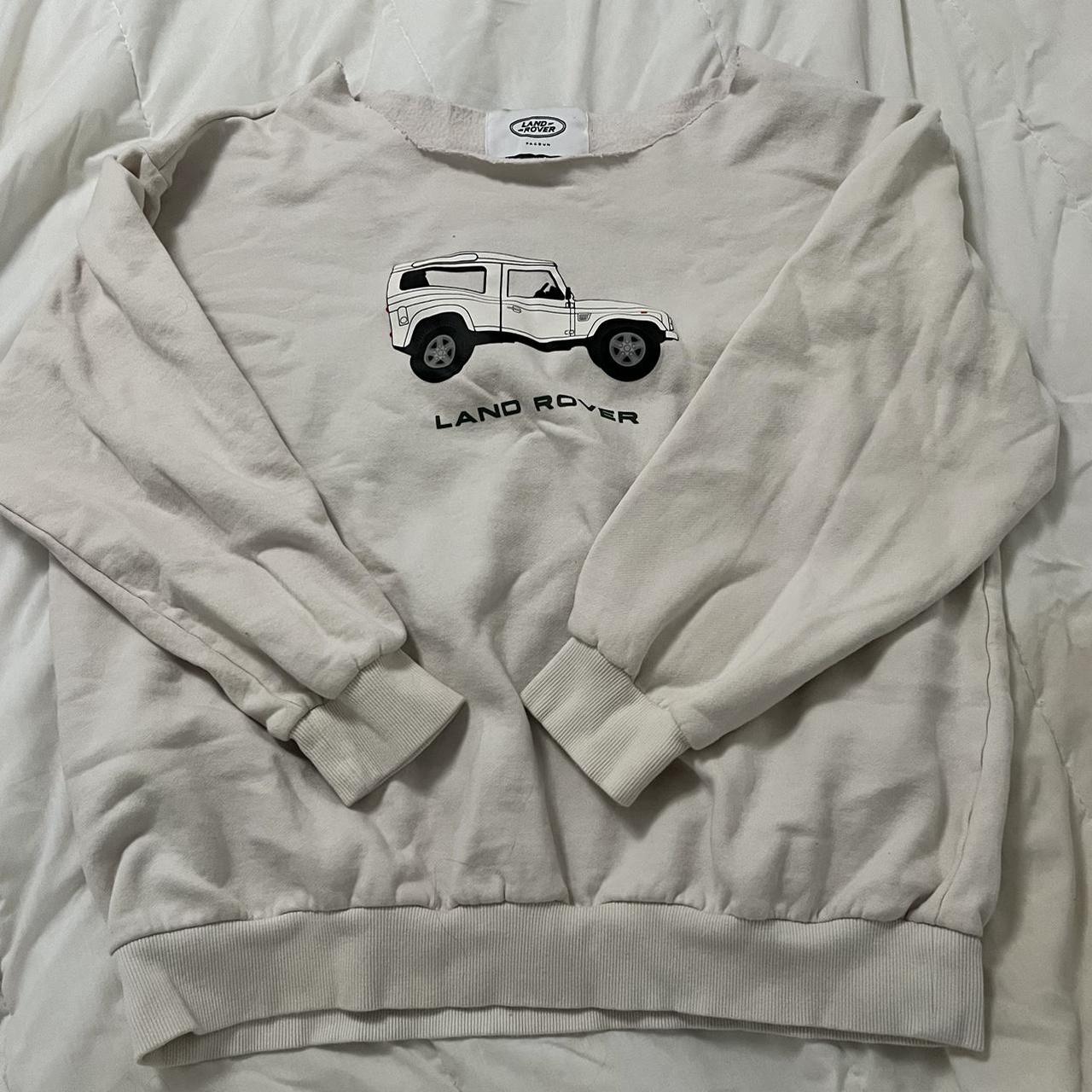 white cut off shoulder pacsun land rover sweatshirt,... Depop