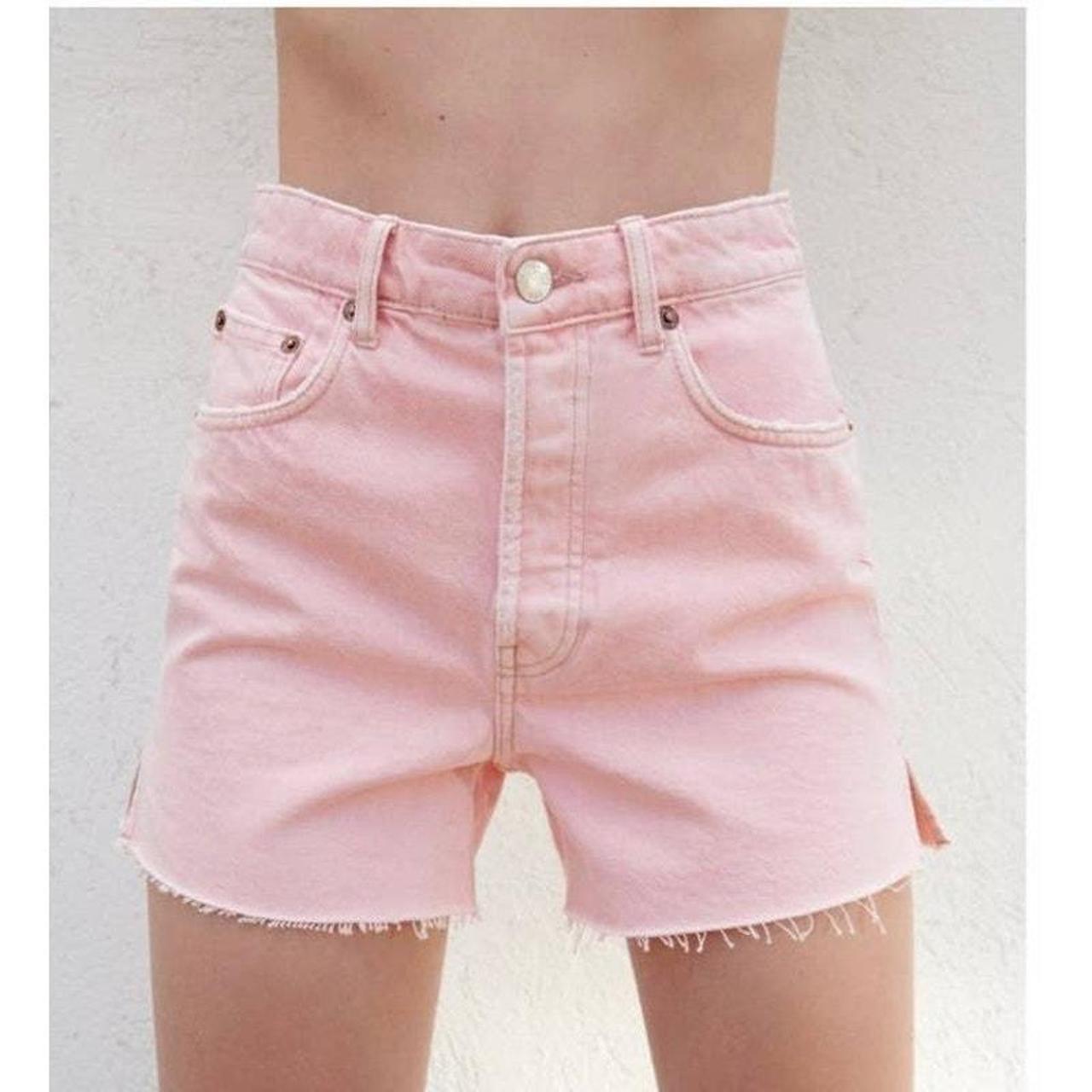 【BOK PLACE】Unbalance cutting high-waist pink denim shorts ZARA Straight Fit Denim Shorts with Side Slits Size | Depop