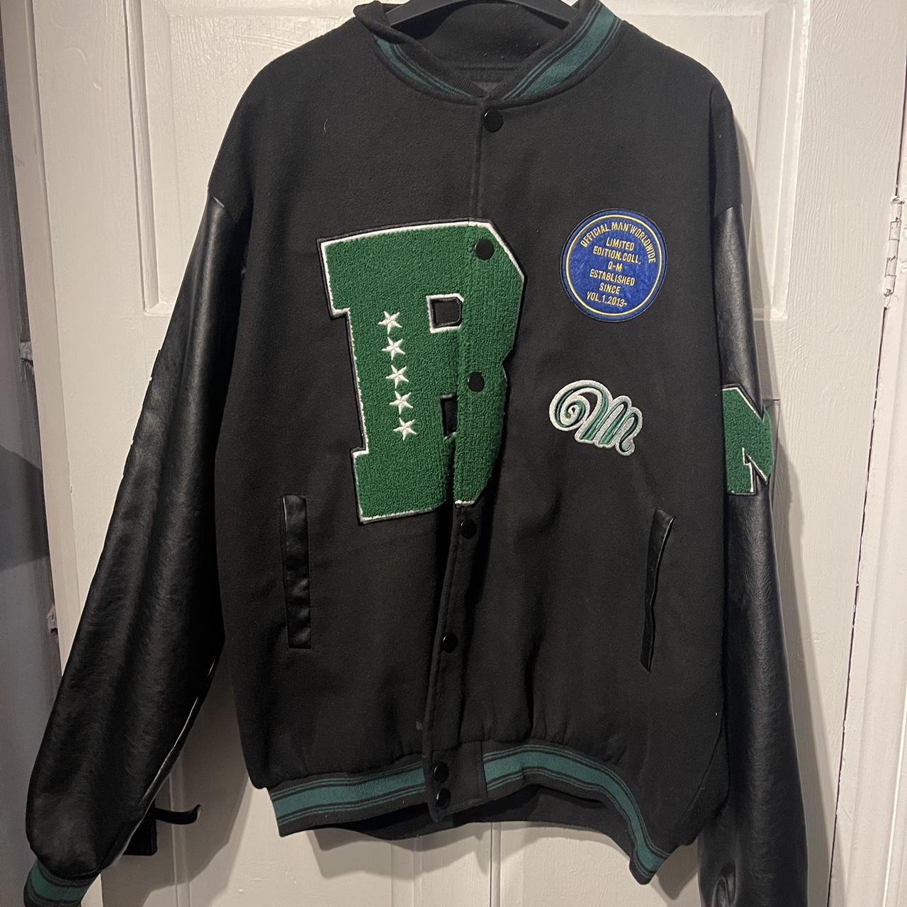 Boohooman varsity jacket with green embroidery and... Depop