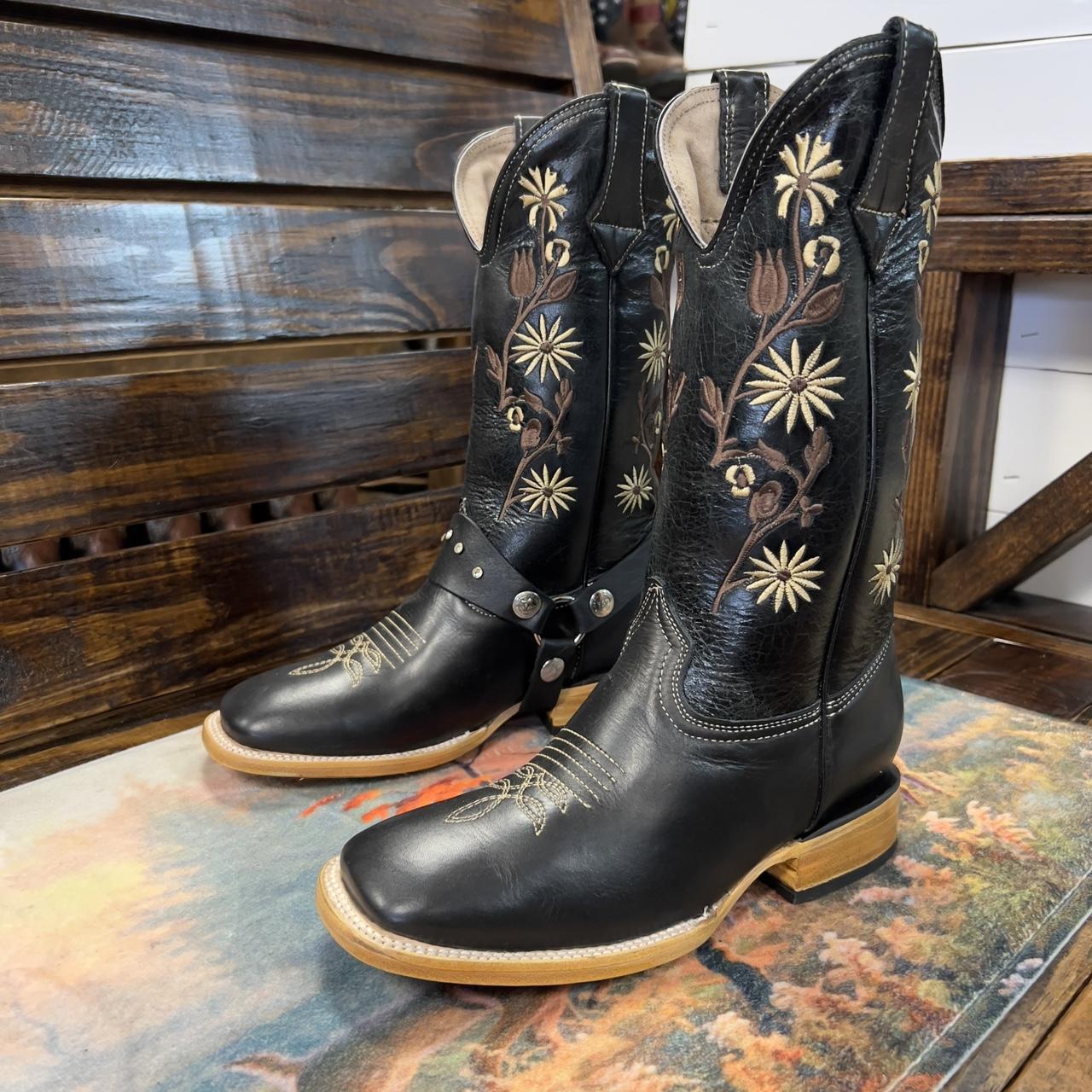 No offers!! Super cute black floral cowboy boots... - Depop