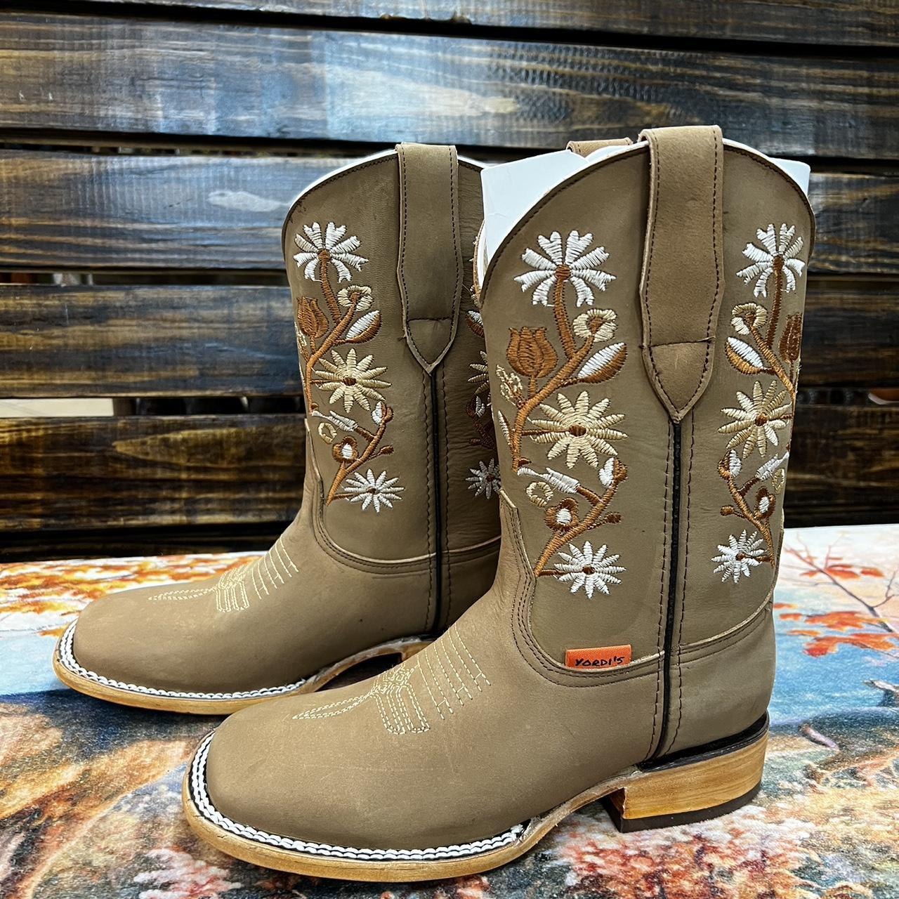 Super cute light tan ankle boots with floral embroidery Depop