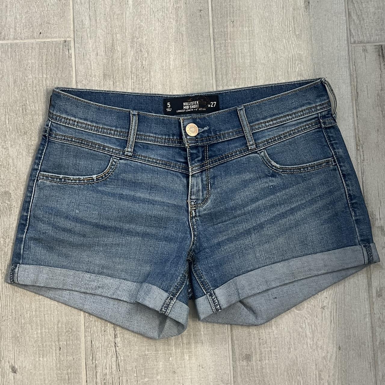 Hollister Mid Rise Midi Medium Wash Denim Shorts... - Depop