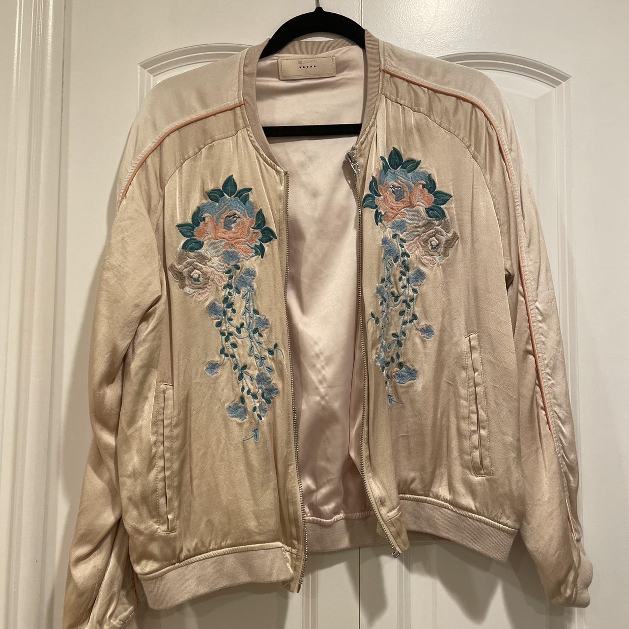 light pink satin bomber jacket with floral... - Depop