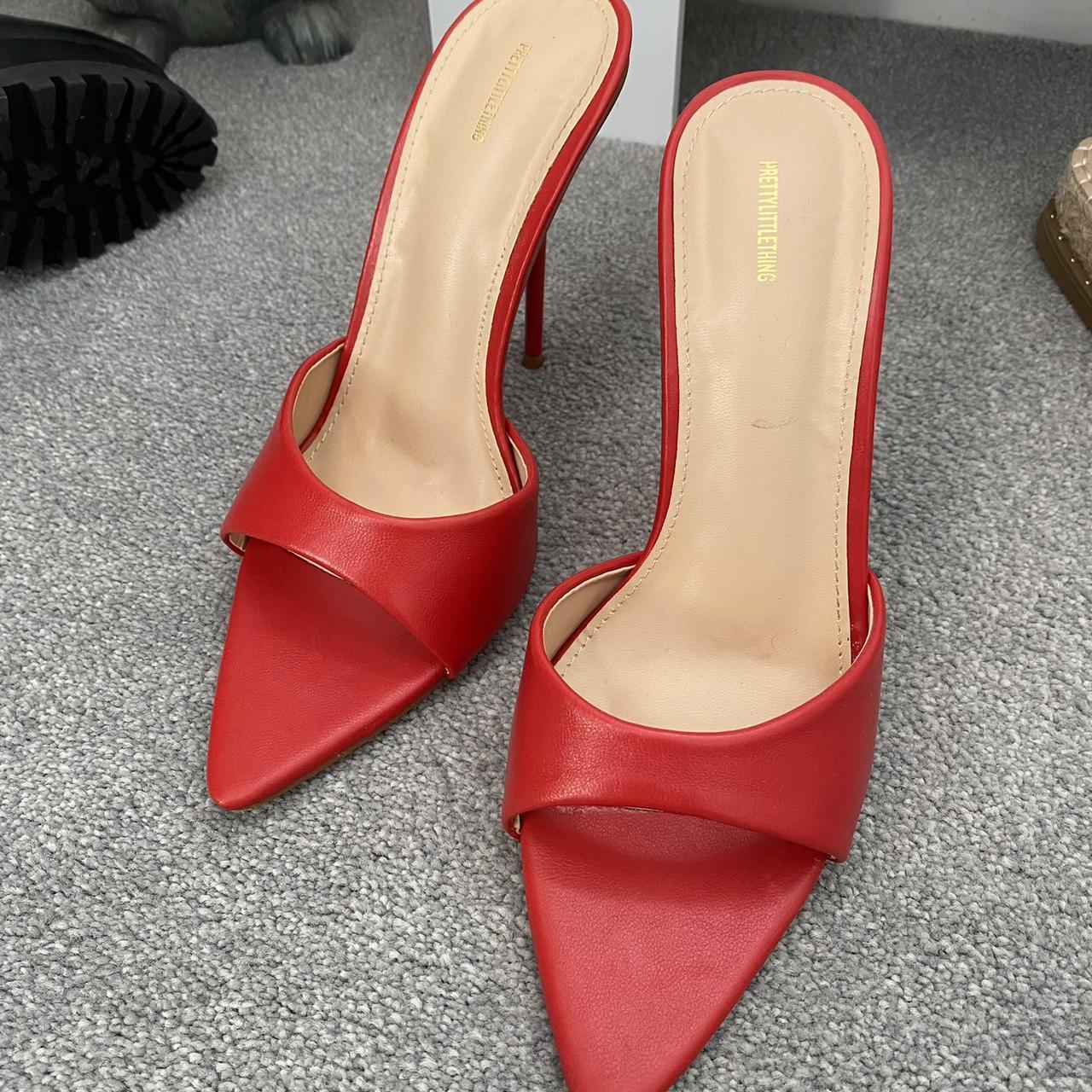 PrettyLittleThing Women's Red Mules | Depop