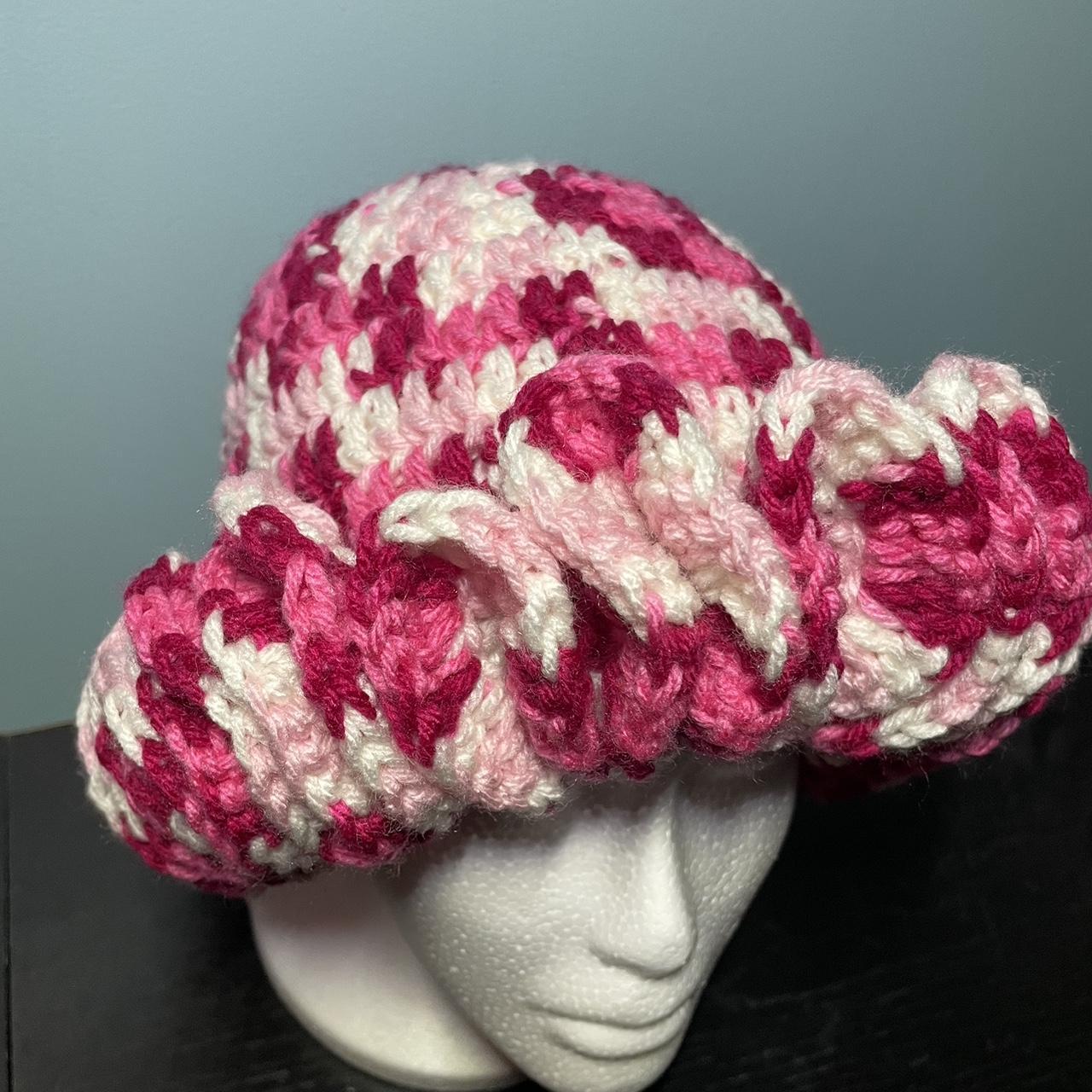 Pink Crochet Ruffle Hat - handmade - multiple... - Depop