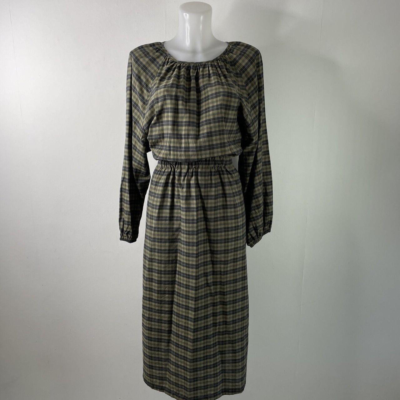 H&M Green Check Balloon Sleeve Open Back Midi Dress... - Depop