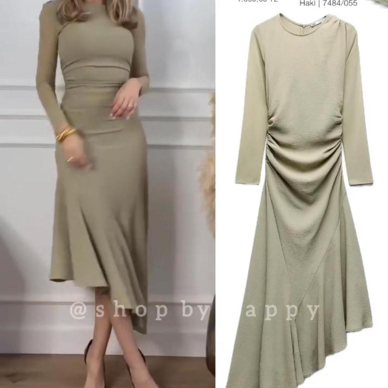 ZARA NEW WOMAN SS24 KHAKI DRAPED MIDI DRESS | Depop