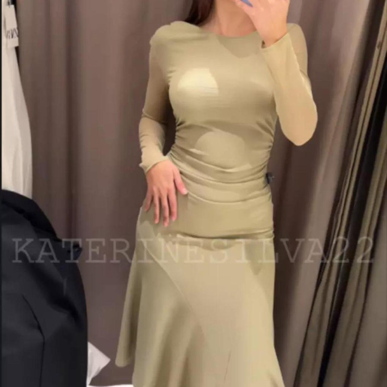 ZARA NEW WOMAN SS24 KHAKI DRAPED MIDI DRESS | Depop