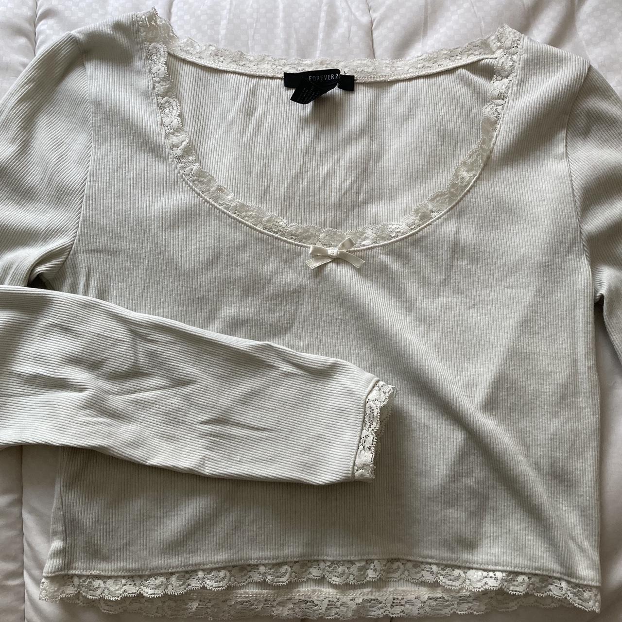 forever 21 coquette lace bow top coquette white... - Depop