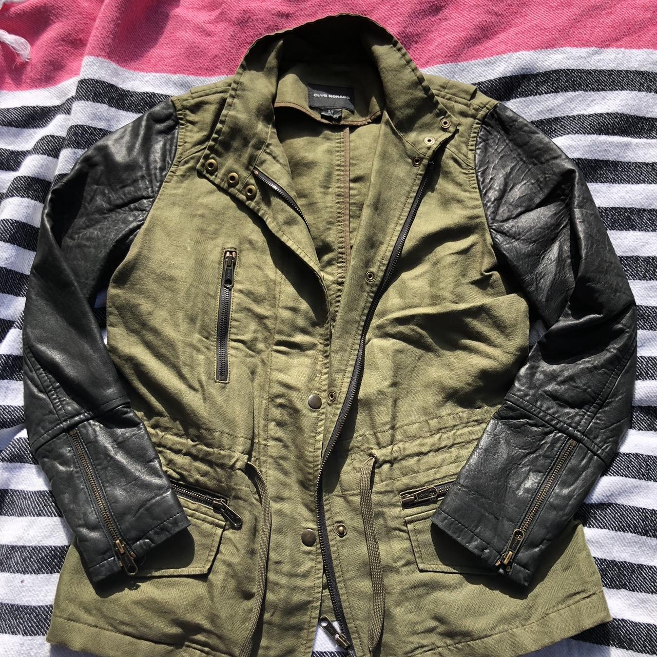 Army green jacket hot sale with black leather sleeves