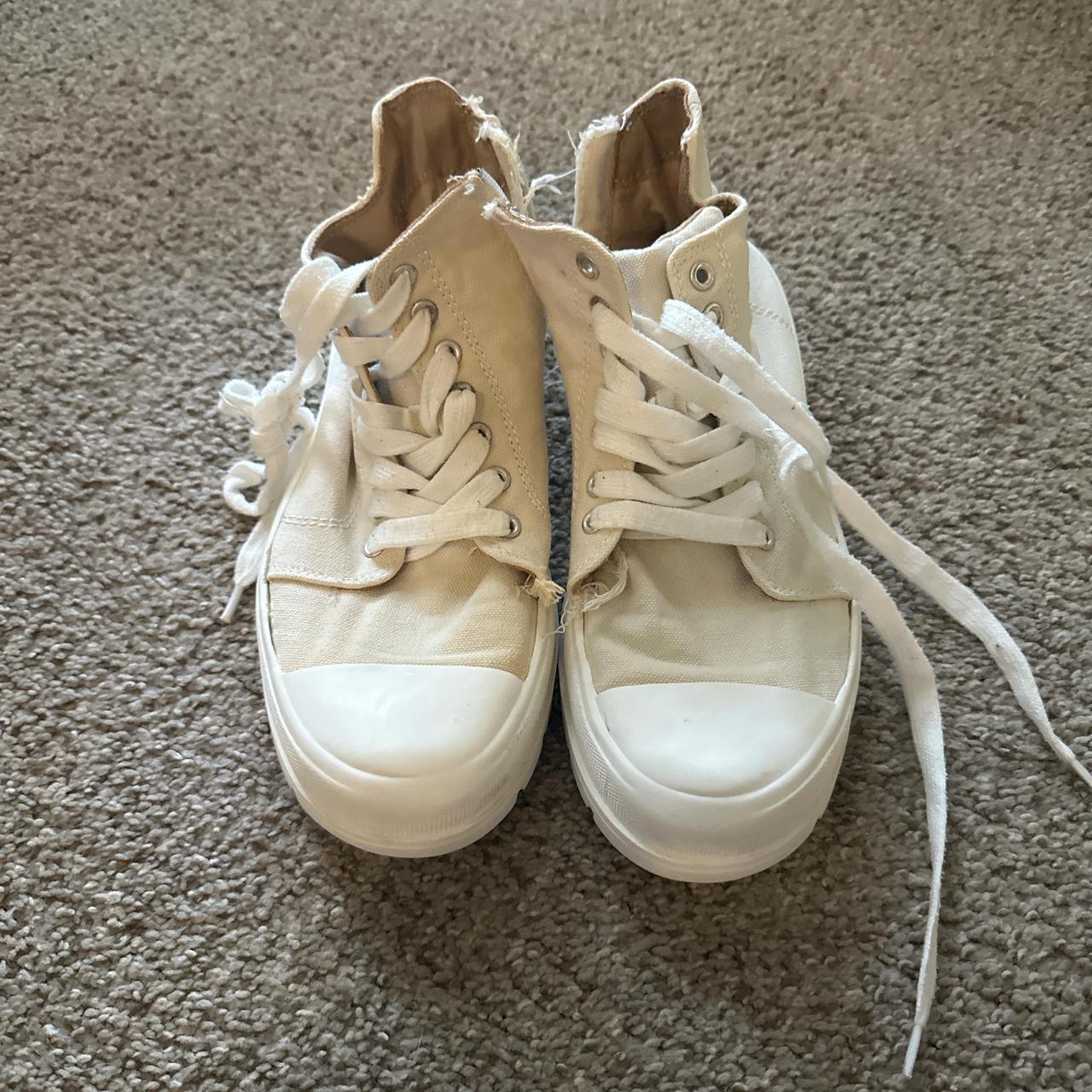 Off white high top chunky trainers with side zipper. Depop