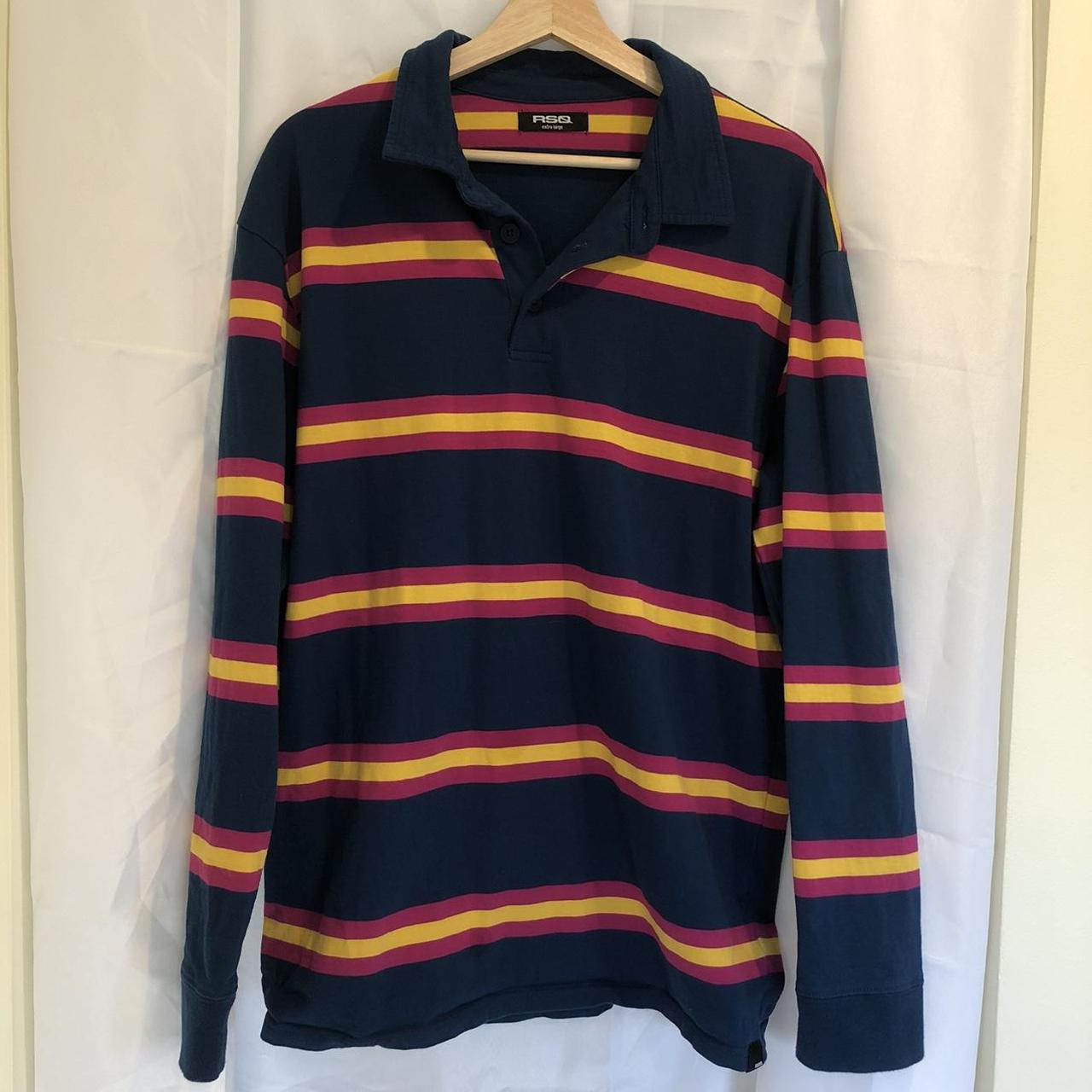 RSQ Navy Blue Striped Rugby Polo Long Sleeve - Mens... - Depop