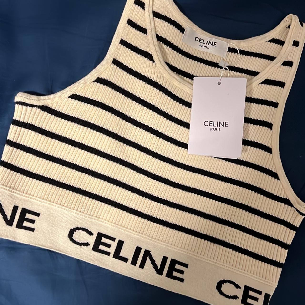 CELINE Women's Black and Cream Crop-top | Depop