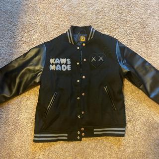 Human Made x KAWS Varsity Jacket Black and Grey - Depop