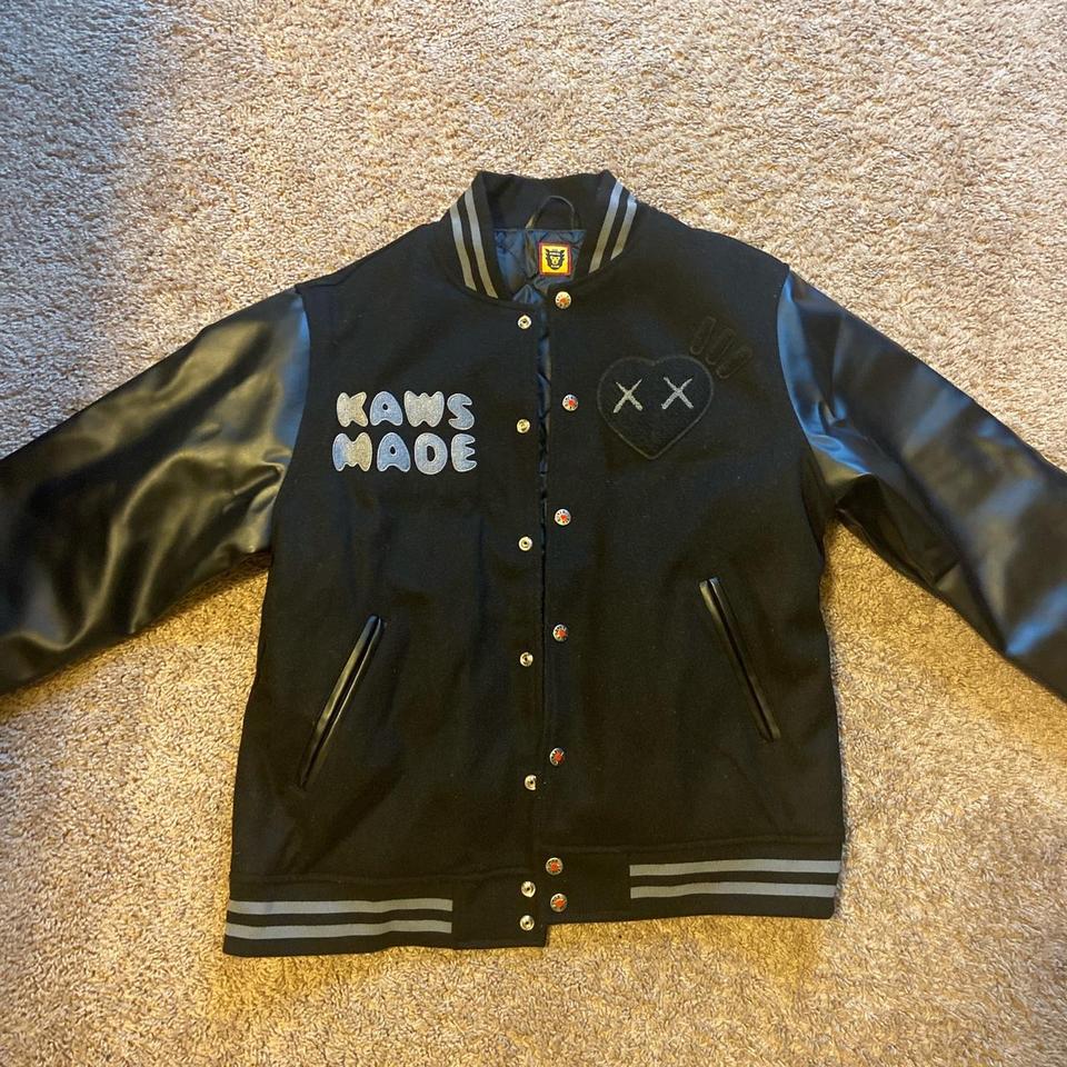 Human Made x KAWS Varsity Jacket Black and Grey... - Depop