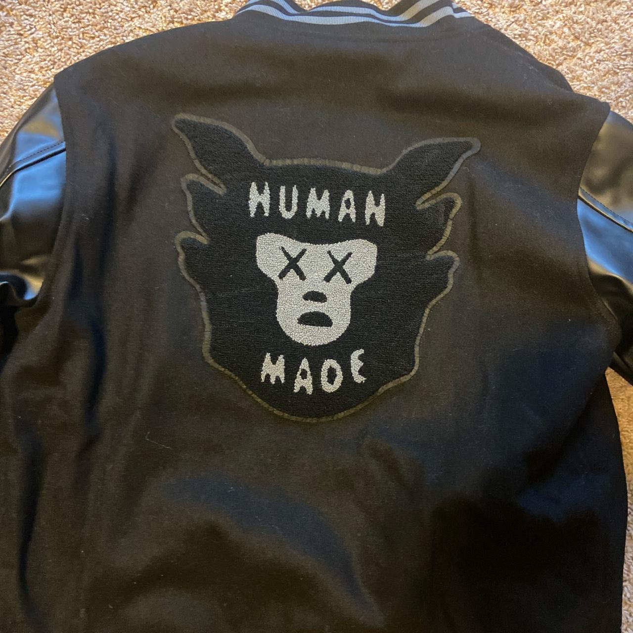 Human Made x KAWS Varsity Jacket Black and Grey... - Depop