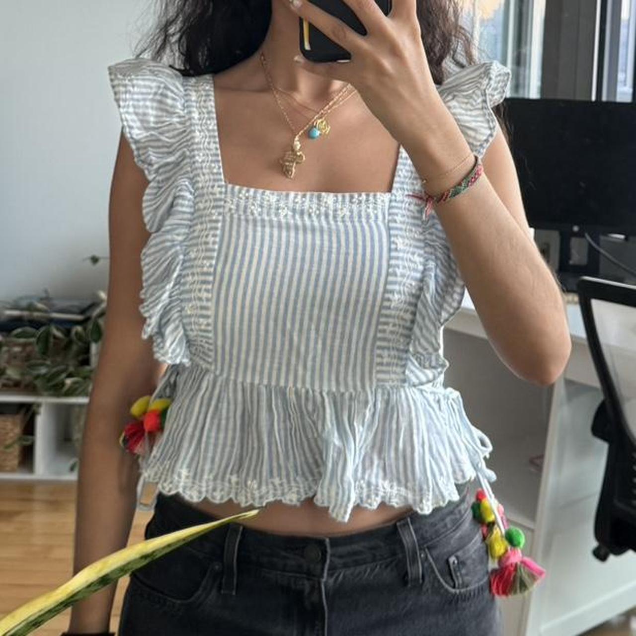 Zara blue top with ruffles on the shoulders. Size... Depop