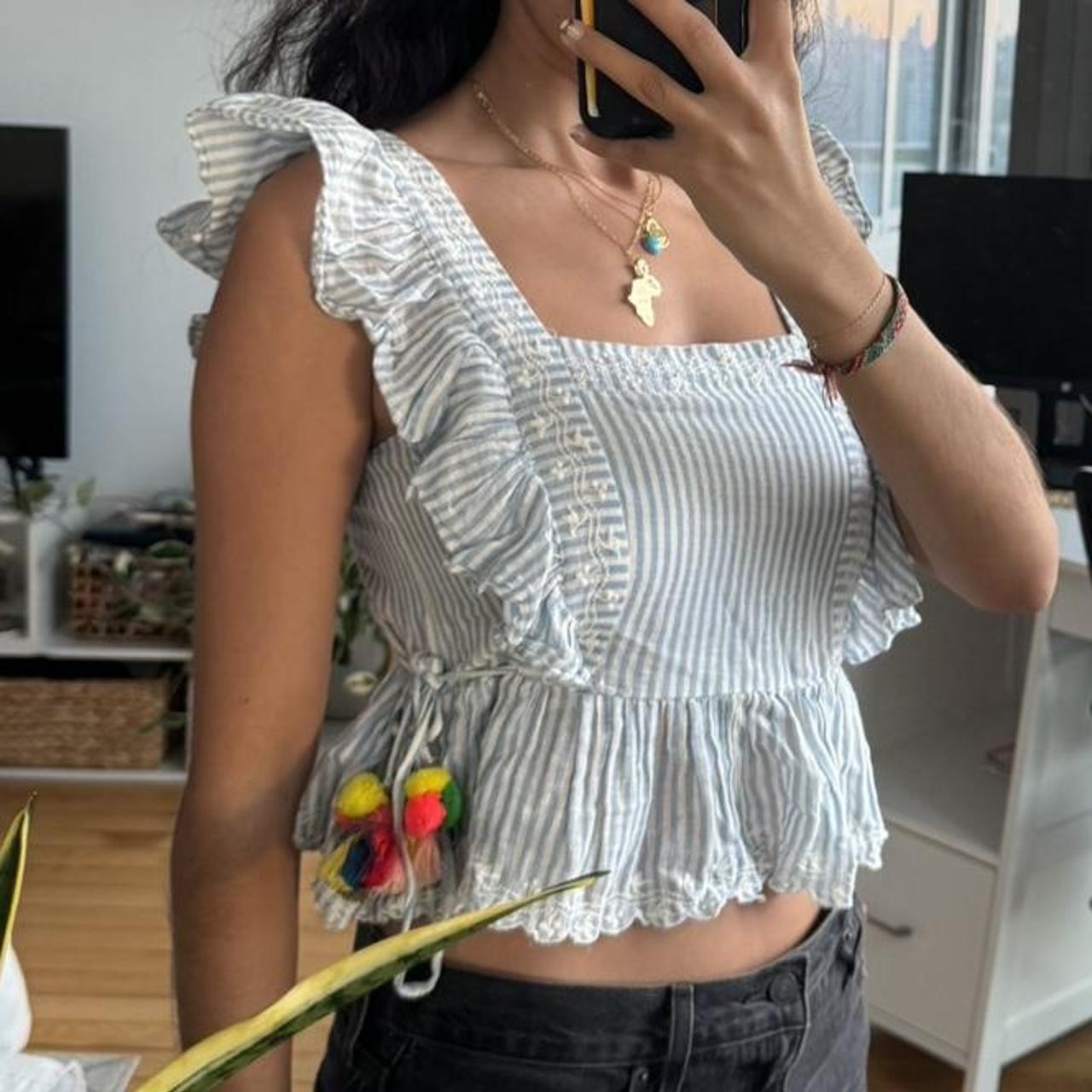 Zara blue top with ruffles on the shoulders. Size... Depop