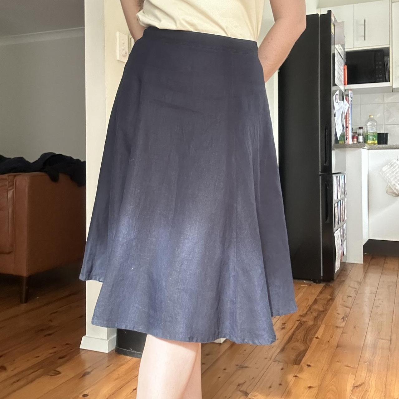 Linen navy skirt Midi length Size 10 Linen - Depop