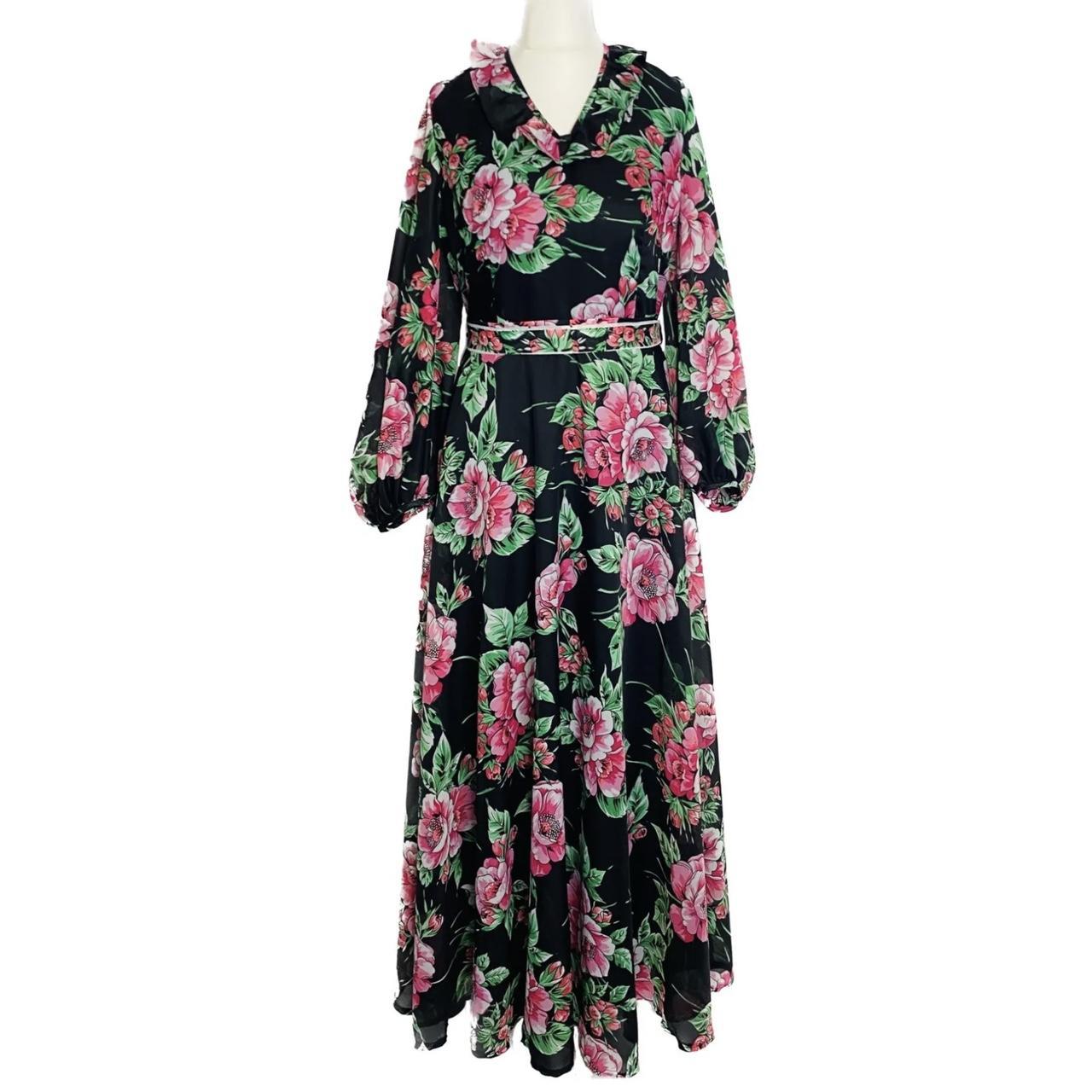 1970s vintage floral maxi dress. Black chiffon with... - Depop