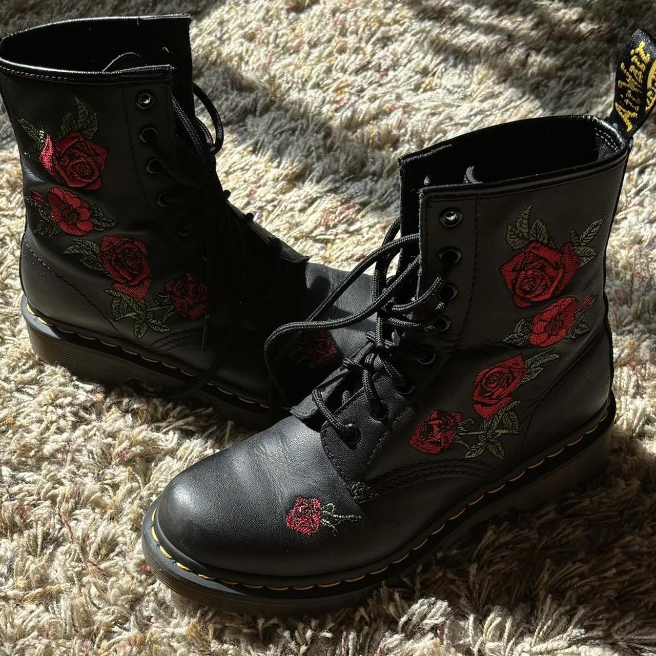 Rose embroidered doc marten boots. Price is... - Depop