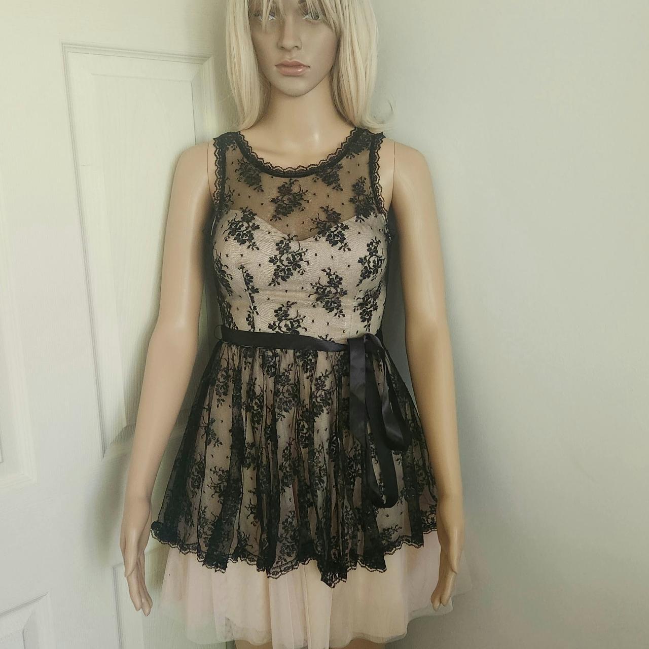 B. Darlin Dress Black Lace Overlay with Beige Tulle... - Depop