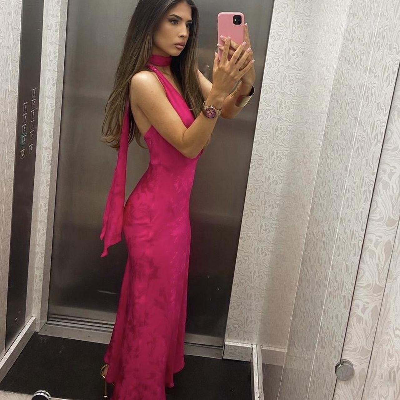 ZARA WOMAN HALTER JACQUARD MIDI DRESS WITH